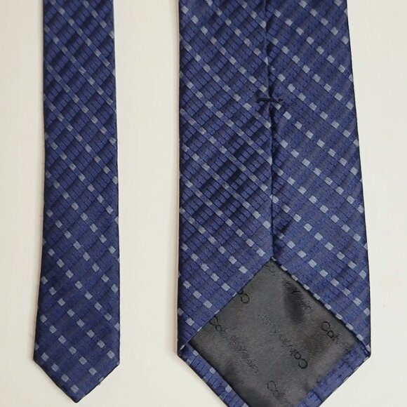 Calvin Klein Slanted Check Narrow Navy-Blue Silk Tie T-43 - Picture 3 of 6